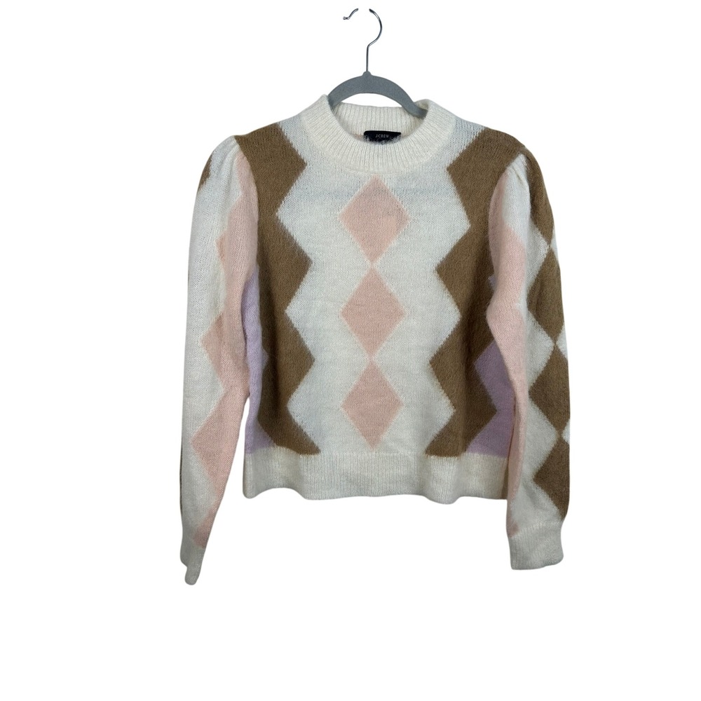 J.Crew Sweater Women XS Cream New Argyle Alpaca Wool Puff Sleeve BD026‎